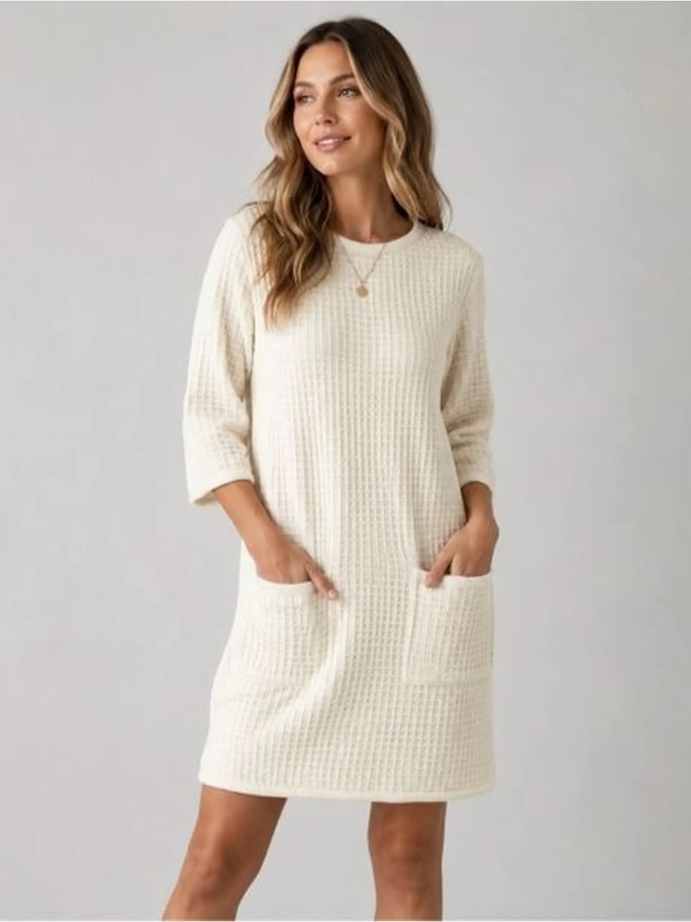 Max Studio Cream Waffle Knit Pocket Mini Dress